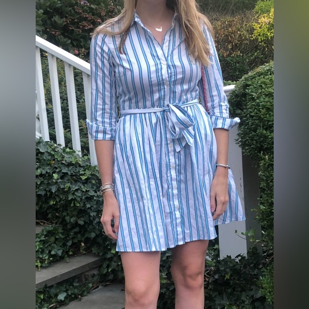Draper James Blue and White Button Down Striped Cotton Dress